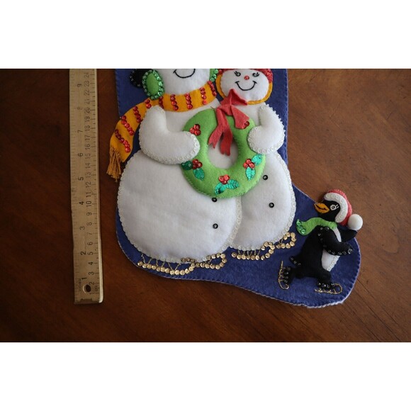 Vtg SNOWMAN 20" Handmade Felt Applique Puffy Stocking Penguin FINISHED - Picture 3 of 11